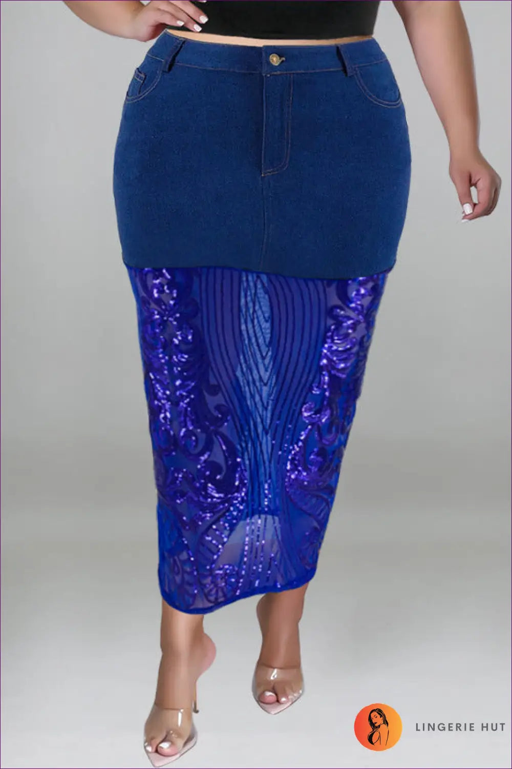 Sequin Denim Halter co Ord Set - Statement Night out Edit - Xl / Dark Blue Skirt - Lingerie Hut - Crop • Glamour