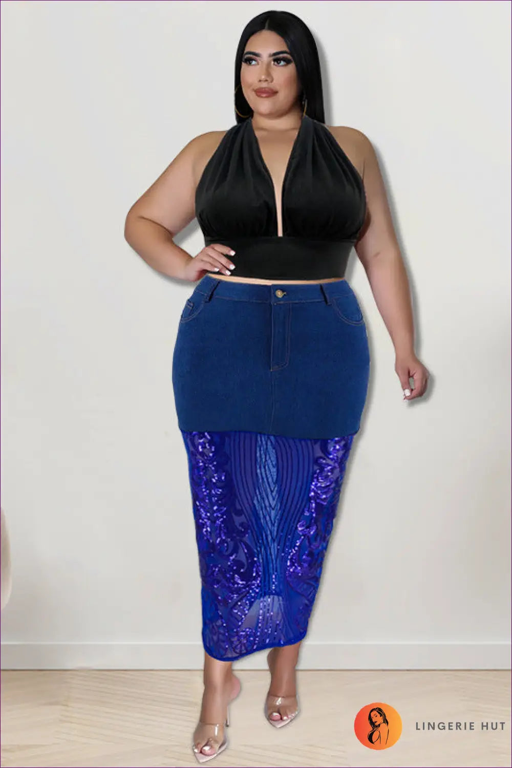 Sequin Denim Halter co Ord Set - Statement Night out Edit - Lingerie Hut - Crop • Glamour • Halter