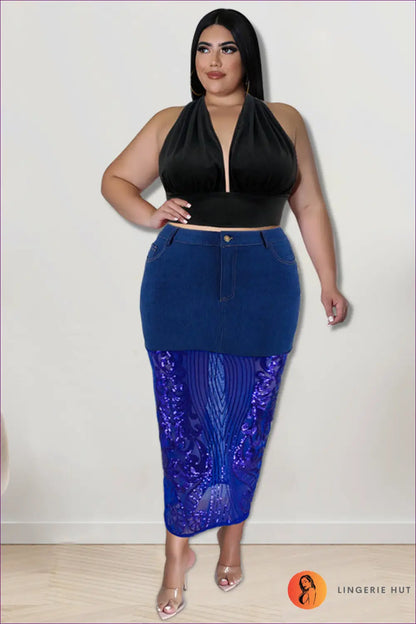 Sequin Denim Halter co Ord Set - Statement Night out Edit - Xl / Dark Blue Suit - Lingerie Hut - Crop • Glamour • Halter