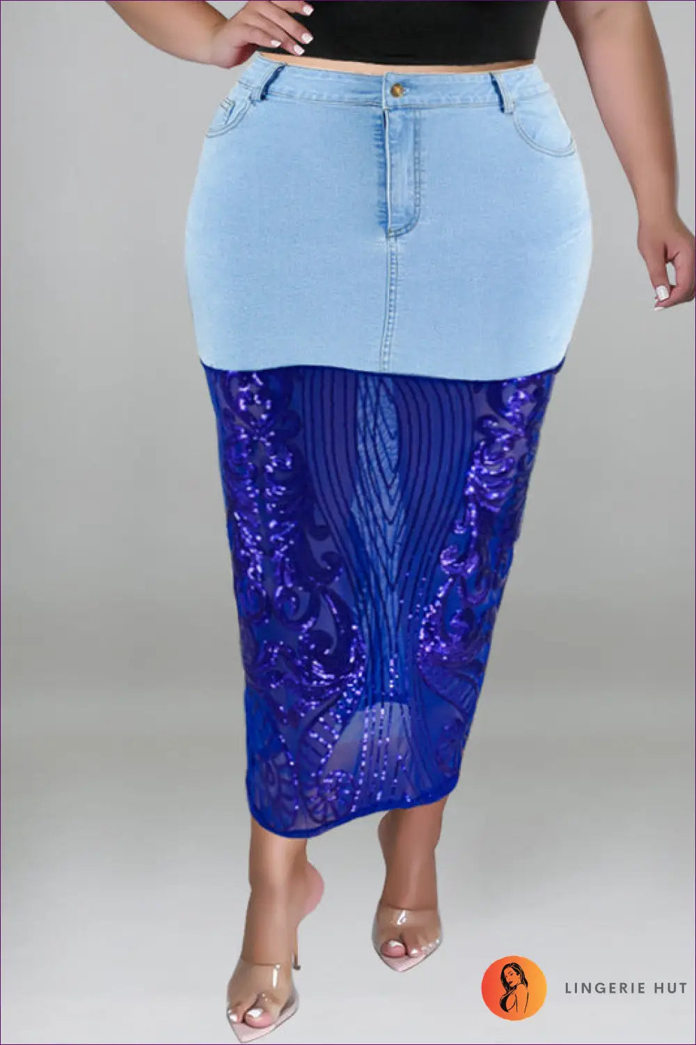 Sequin Denim Halter co Ord Set - Statement Night out Edit - Xl / Light Blue Skirt - Lingerie Hut - Crop • Glamour