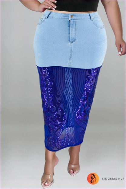 Sequin Denim Halter co Ord Set - Statement Night out Edit - Xl / Light Blue Skirt - Lingerie Hut - Crop • Glamour