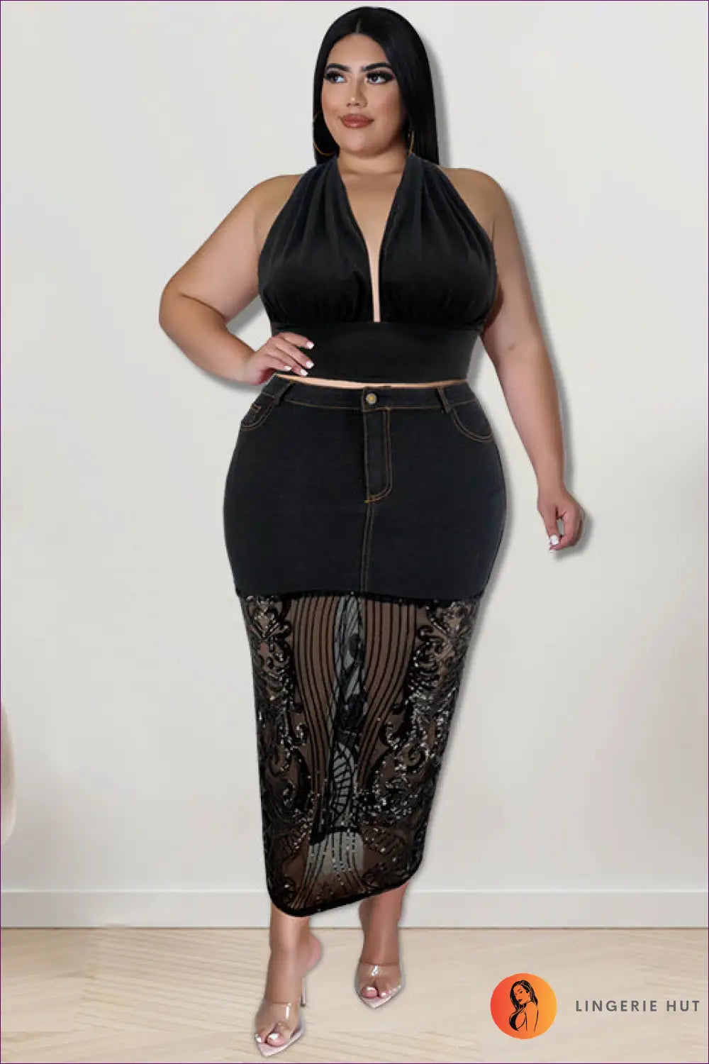 Sequin Denim Halter co Ord Set - Statement Night out Edit - Xl / Black Suit - Lingerie Hut - Crop • Glamour • Halter