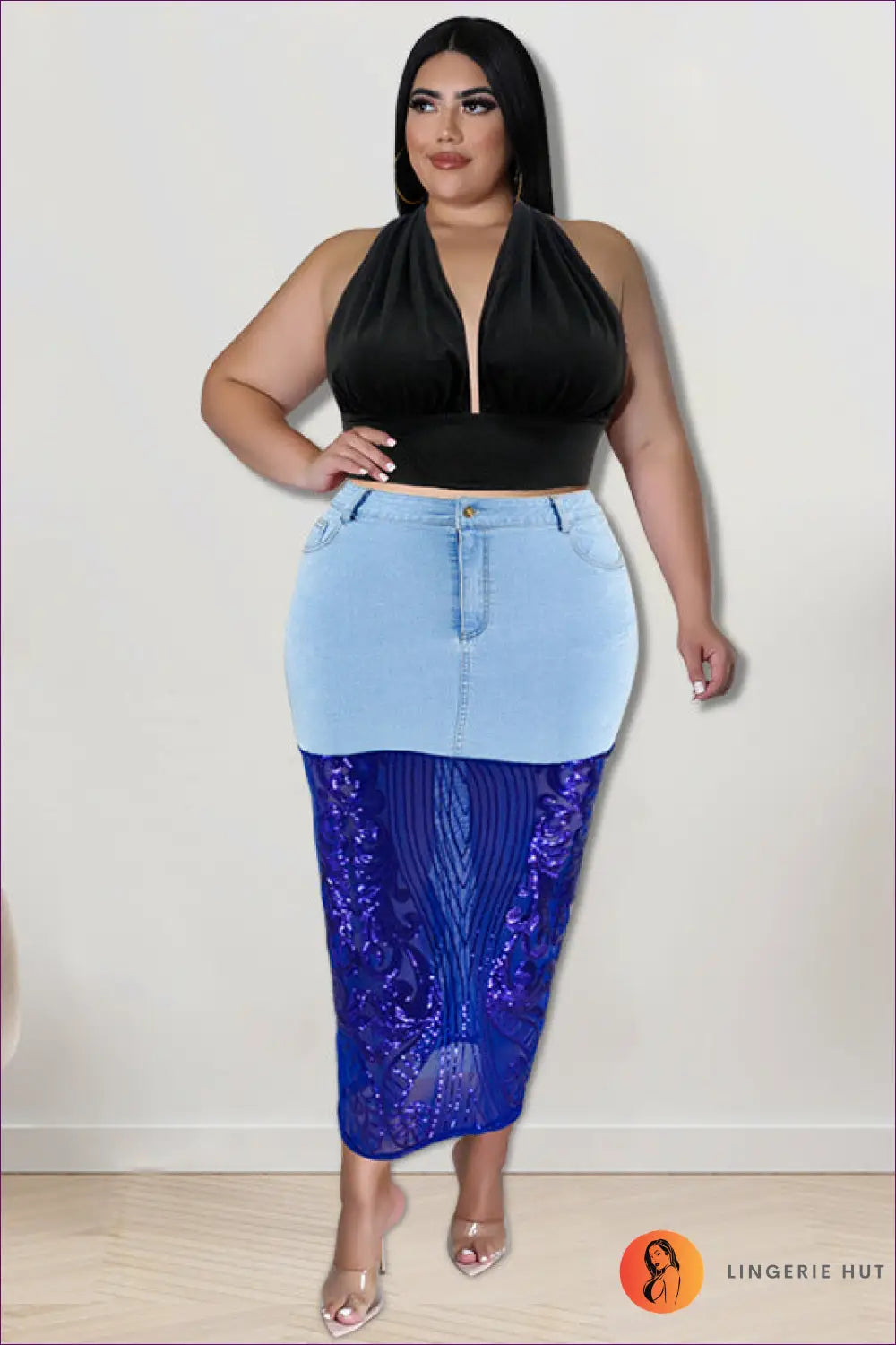 Sequin Denim Halter co Ord Set - Statement Night out Edit - Lingerie Hut - Crop • Glamour • Halter