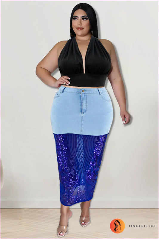 Sequin Denim Halter co Ord Set - Statement Night out Edit - Lingerie Hut - Crop • Glamour • Halter