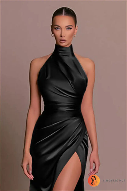 Wrap Yourself In The Opulence Of Lingerie Hut’s Halter Sleeveless Split Dress This Autumn. Satin