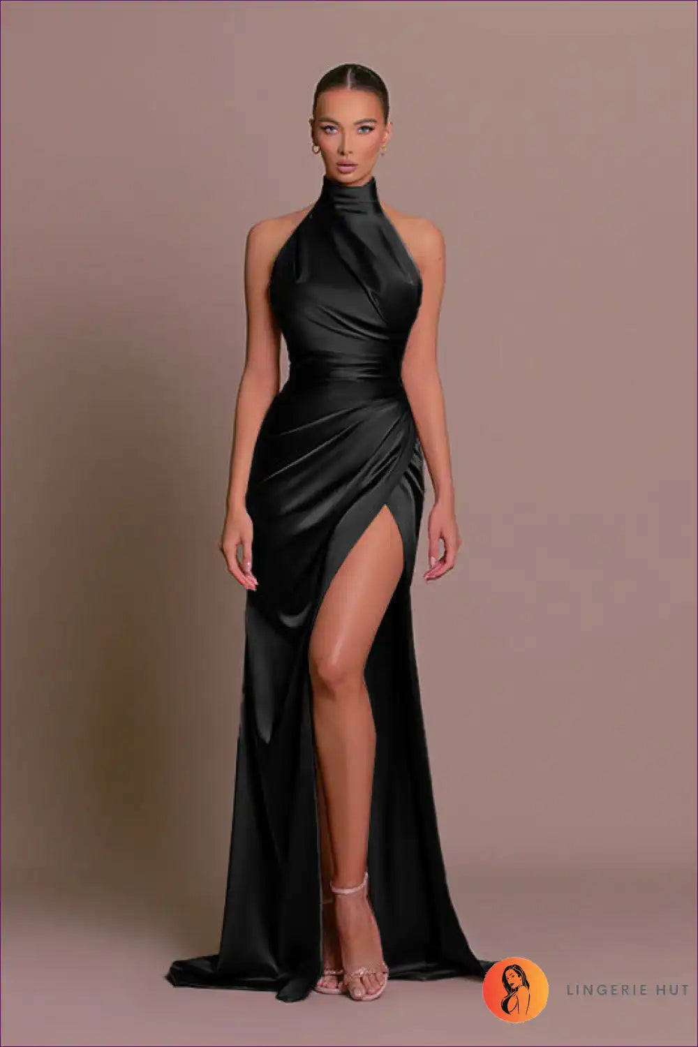 Wrap Yourself In The Opulence Of Lingerie Hut’s Halter Sleeveless Split Dress This Autumn. Satin