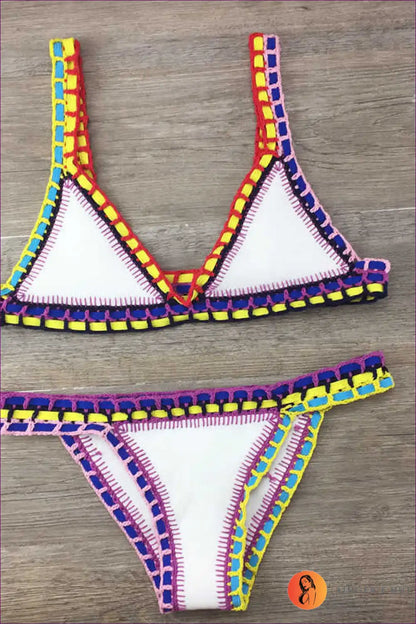 Hand Crocheted Bikini Set with Multicolour Stitching for Festivals Beachwear, Bikini, Boho, Crochet,