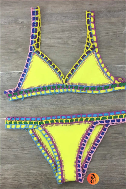 Hand Crocheted Bikini Set with Multicolour Stitching for Festivals Beachwear, Bikini, Boho, Crochet,