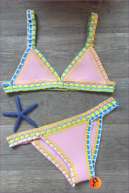 Hand Crocheted Bikini Set with Multicolour Stitching for Festivals Beachwear, Bikini, Boho, Crochet,