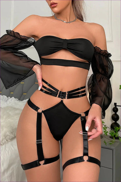Embrace Divine Allure With Our Exquisite Harness Buckle Sheer Long Sleeve Bra Set. Soft Sheer Sleeves,