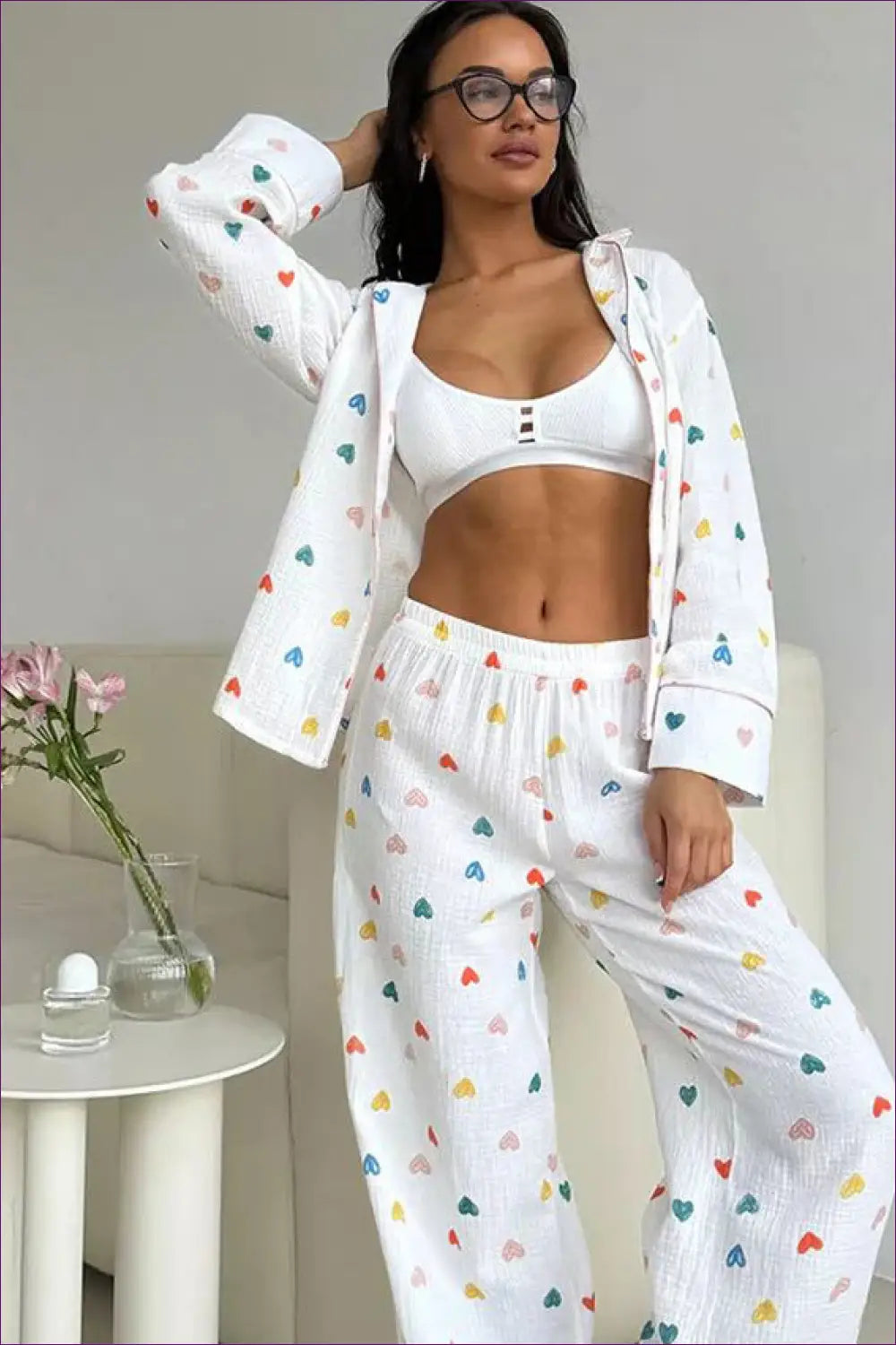 Heart Confetti Loungewear Set - Cozy Chic Comfort for Casual, Cotton, Everyday, Glamour, Night