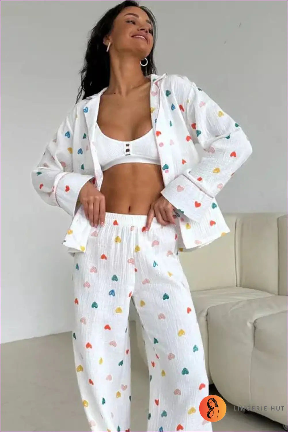 Heart Confetti Loungewear Set - Cozy Chic Comfort for Casual, Cotton, Everyday, Glamour, Night