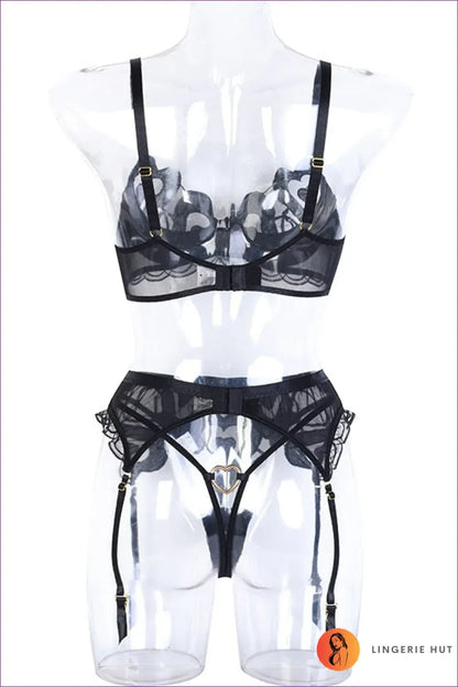 Elevate Your Intimate Apparel With Our Heart Embroidery Sheer Bra Set. Crafted Delicate Embroidered Tulle,