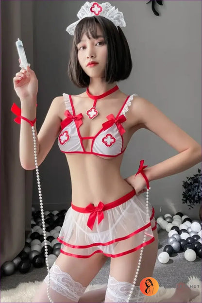 Heart Lace Nurse Costume with Sheer Skirt and Bows - Sweet Fantasy - Babydoll - Lingerie Hut - Boudoir • Lace • Mesh