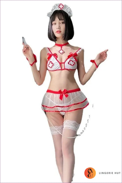 Heart Lace Nurse Costume with Sheer Skirt and Bows - Sweet Fantasy - Babydoll - Lingerie Hut - Boudoir • Lace • Mesh