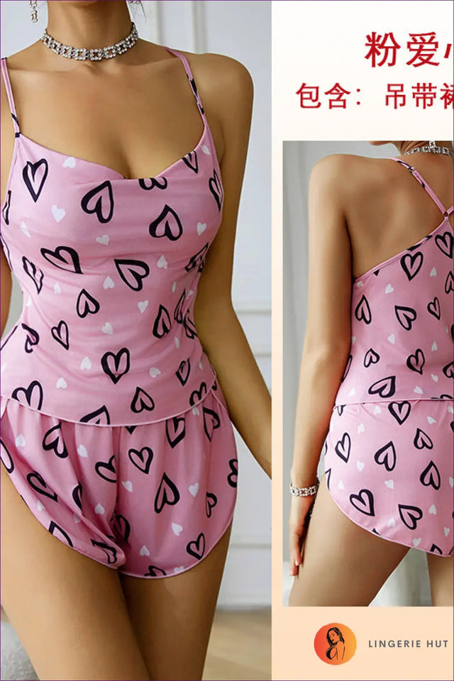 Heart Print Cami Short Set - Playful Summer Lounge