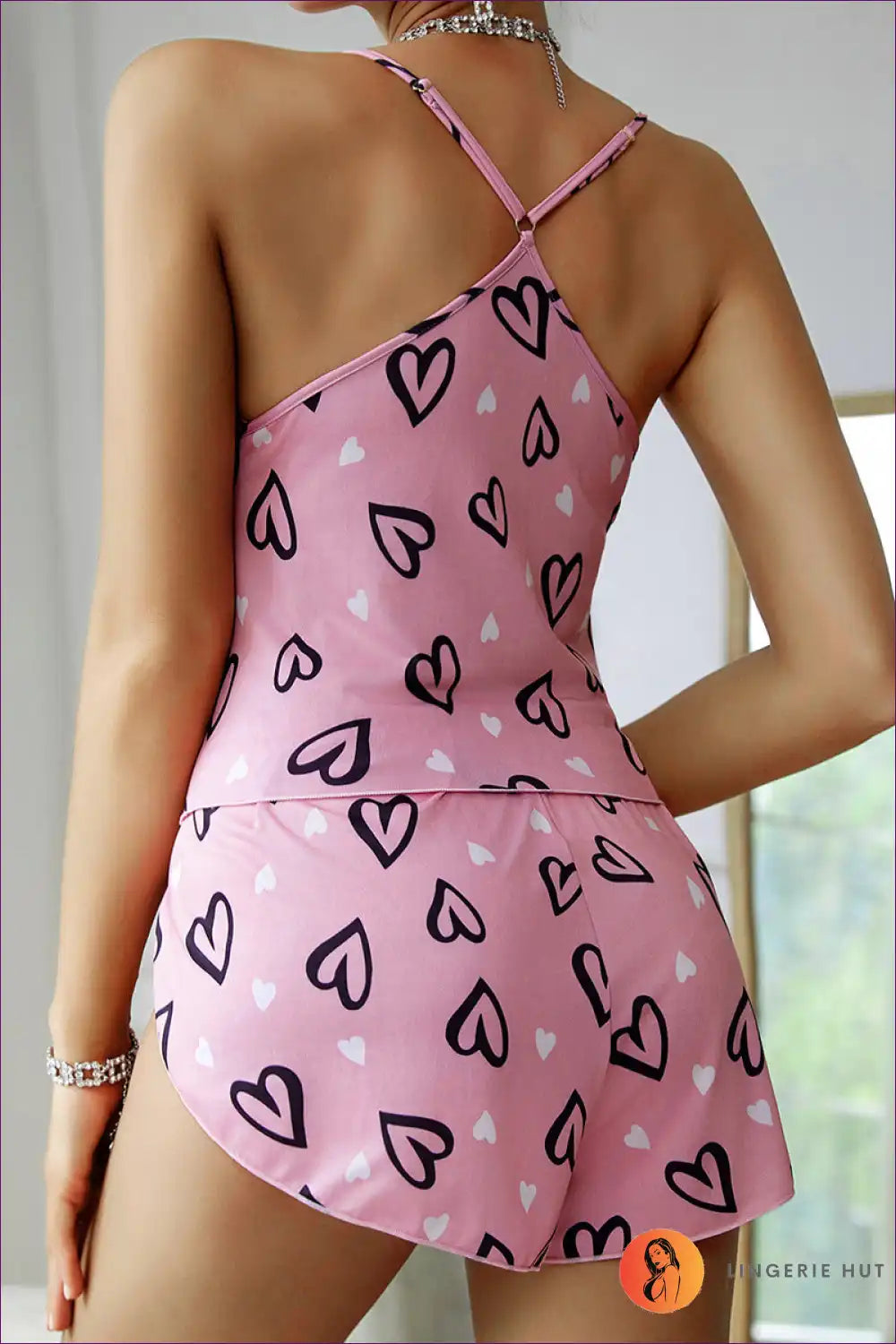 Heart Print Cami Short Set - Playful Summer Lounge for Casual, Everyday, just In, Loungewear, Night