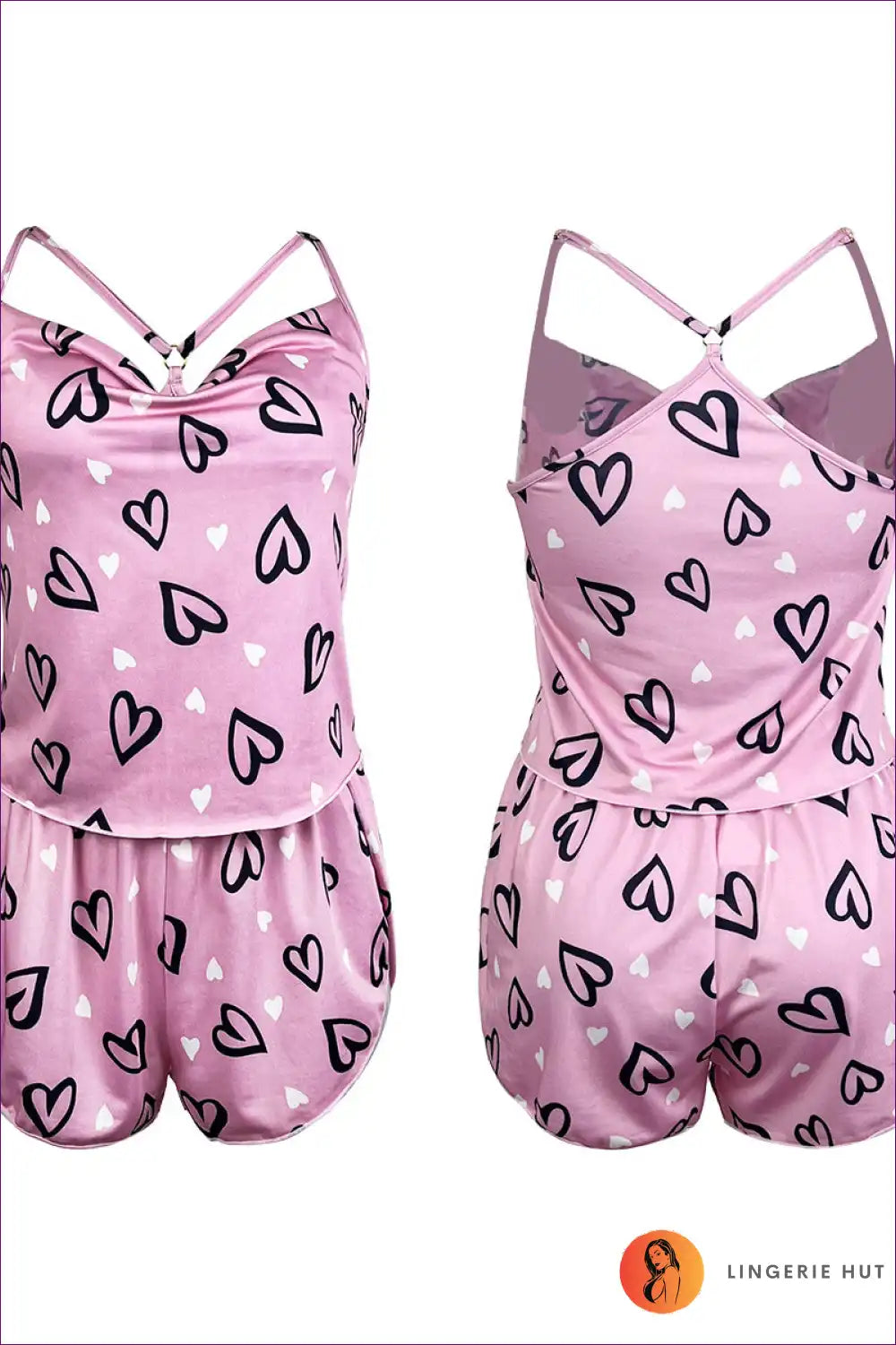 Heart Print Cami Short Set - Playful Summer Lounge for Casual, Everyday, just In, Loungewear, Night