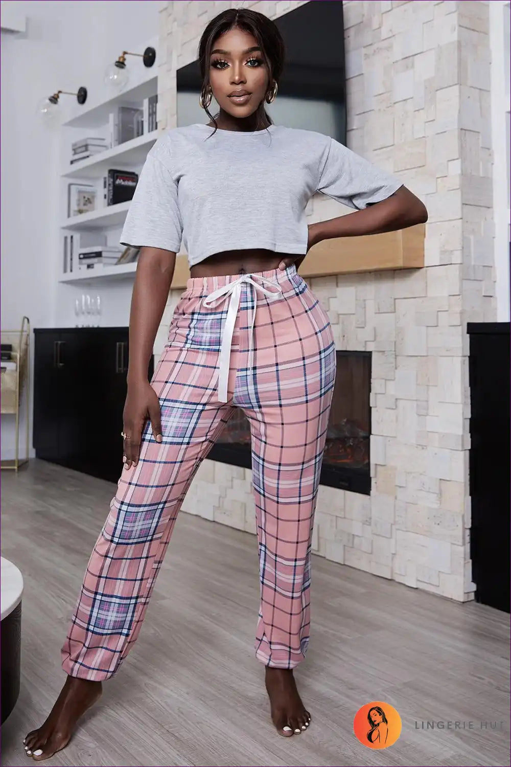 Heart Print Pyjama Set with Gingham - Playful Evenings for All Season, Casual, Cotton, Everyday, Floral