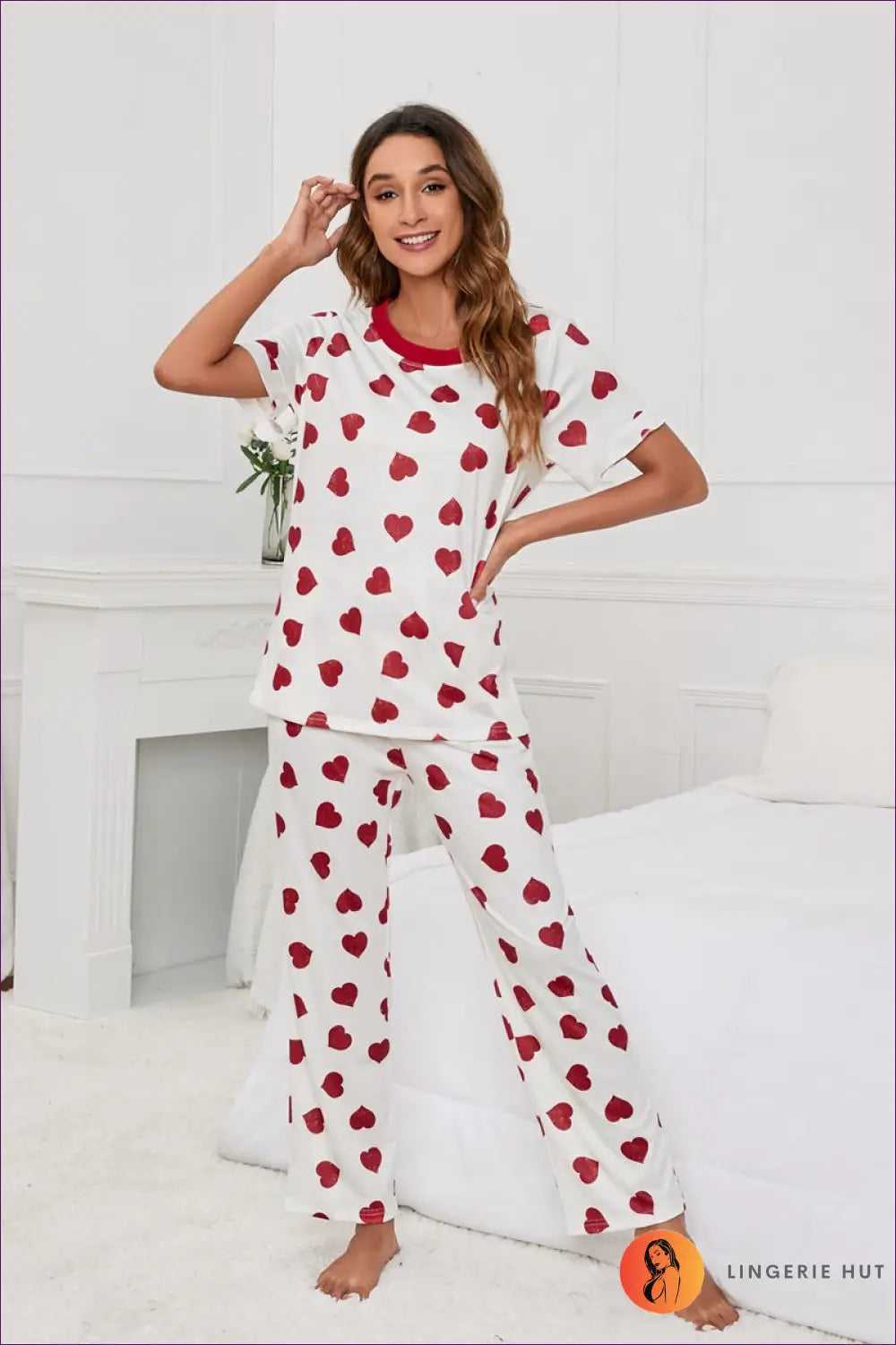 Embrace The Season Of Love With Our Heart-print Round-neck Pyjama Set. This Summer Loungewear Set, Featuring