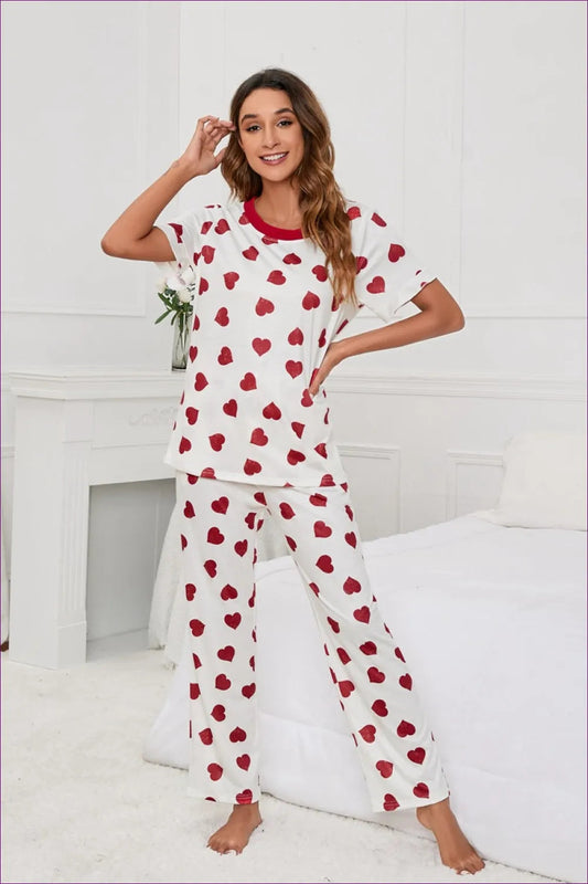 Embrace The Season Of Love With Our Heart-print Round-neck Pyjama Set. This Summer Loungewear Set, Featuring