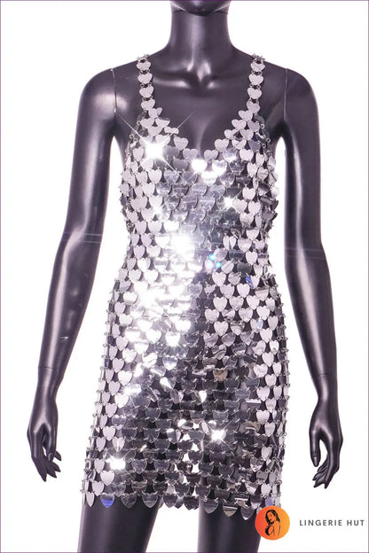 Heart Sequin Bodycon Dress with Sweetheart Neckline - After Dark - Xs / Silver - Backless • Date Night • Dresses