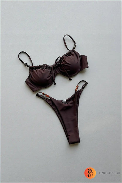 High-cut Bikini with Beaded Sides - Confident Heat - s / Pure Brown - Beachwear • Date Night • Halter