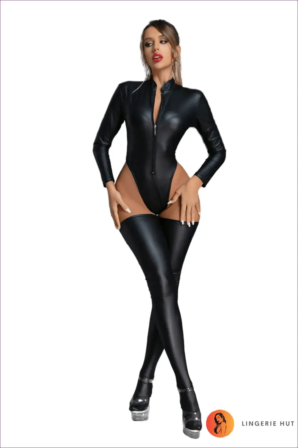 High-cut Glossy Bodysuit with Matching Stockings - Night Glam - Black / S-m - Clubwear • Glamour • just in • Lingerie