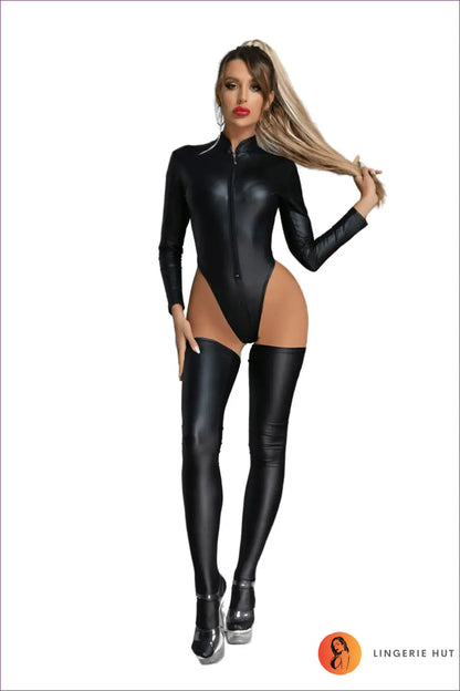 High-cut Glossy Bodysuit with Matching Stockings - Night Glam - Clubwear • Glamour • just in • Lingerie - Hut