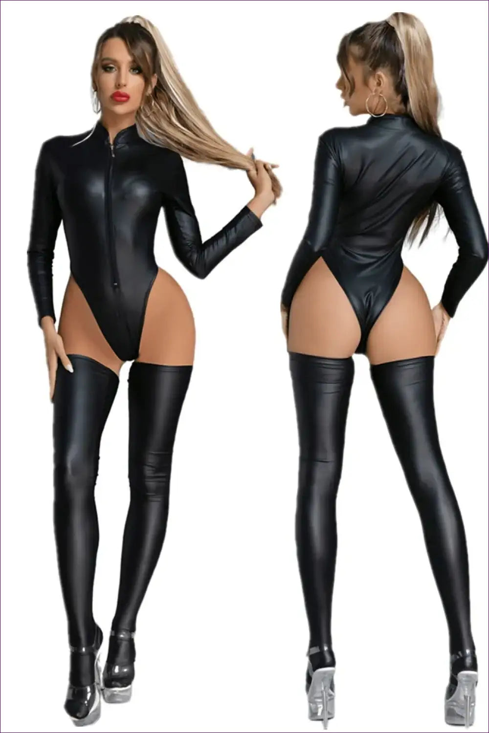 High-cut Glossy Bodysuit with Matching Stockings - Night Glam - Clubwear • Glamour • just in • Lingerie - Hut