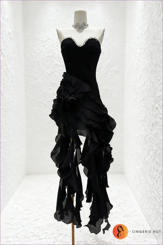 High-low Ruffled Mini Dress - Evening Drama Effortless Shine - s / Black - Dresses - Lingerie Hut - All Season • Cutout