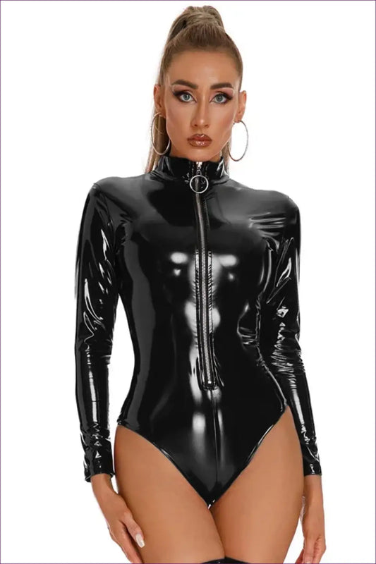 High-neck Black Latex Bodysuit - Sleek and Dominant for Bodysuit, Clubwear, Glamour, Latex, n