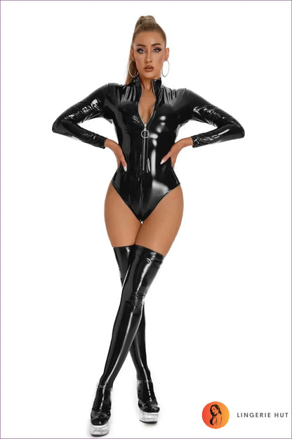 High-neck Black Latex Bodysuit - Sleek and Dominant for Bodysuit, Clubwear, Glamour, Latex, n