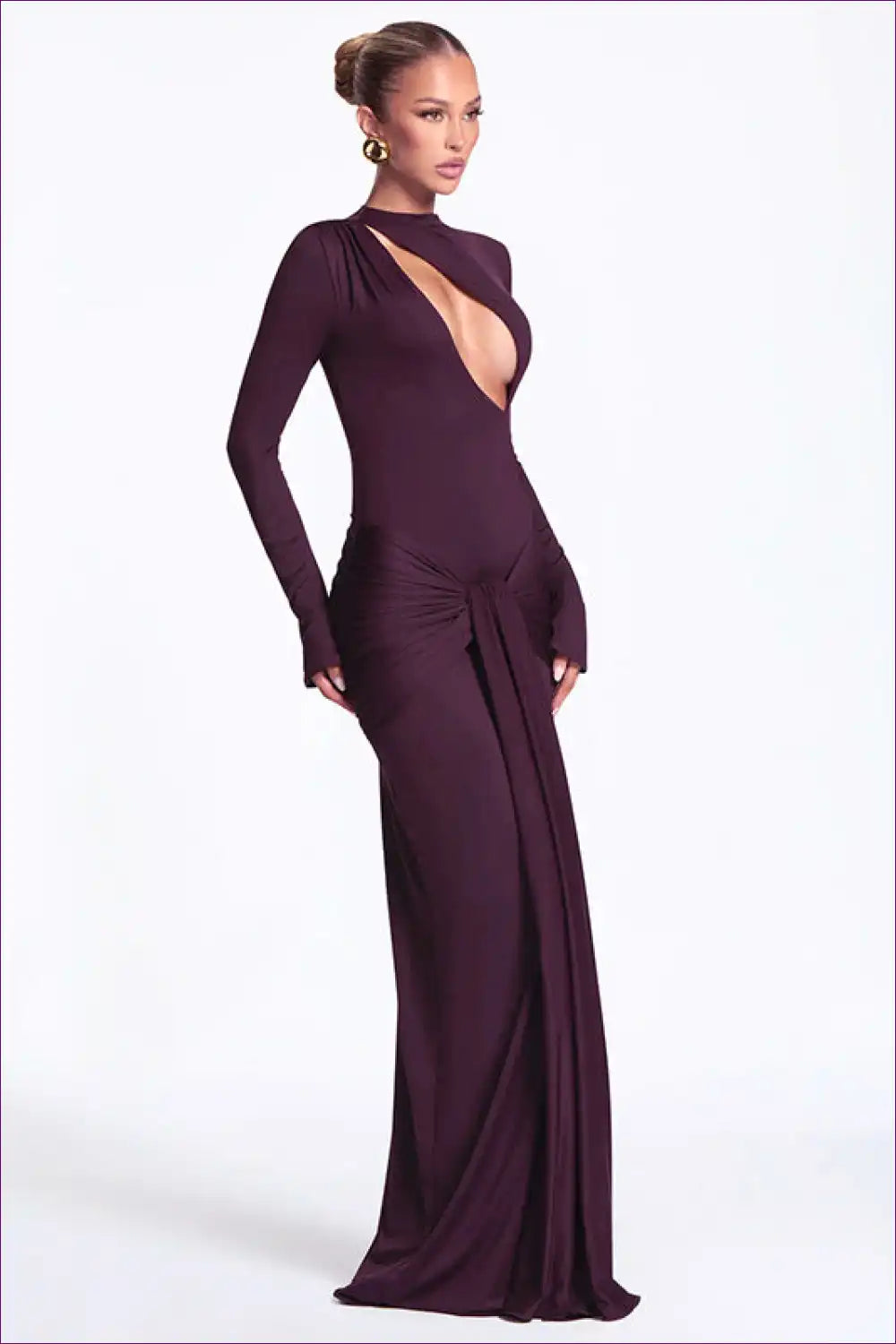 High Neck Cut-out Maxi Dress - Long Sleeve Drape Front for Cutout, Evening Wear, Formal just In,