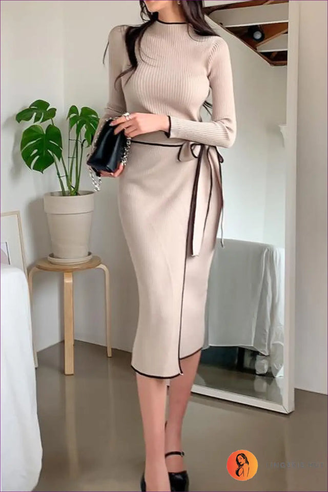 High Neck Knit Midi Dress - Effortless Understated Elegance