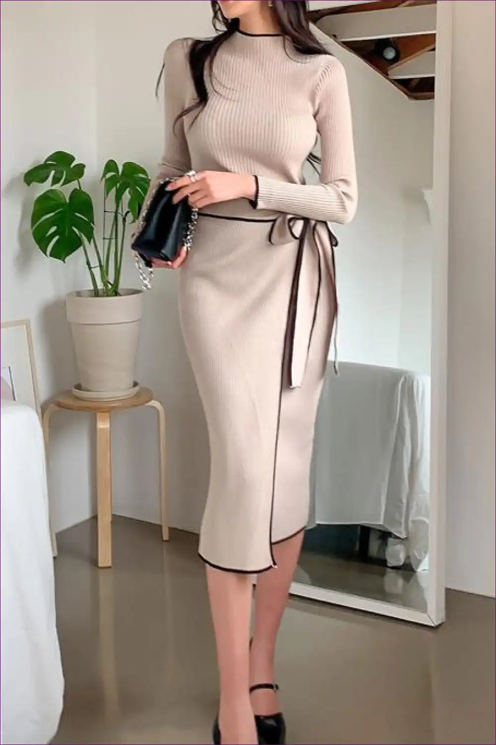 High Neck Knit Midi Dress with Waist Tie - Understated Modernity for All Season, Autumn, Casual, Everyday,