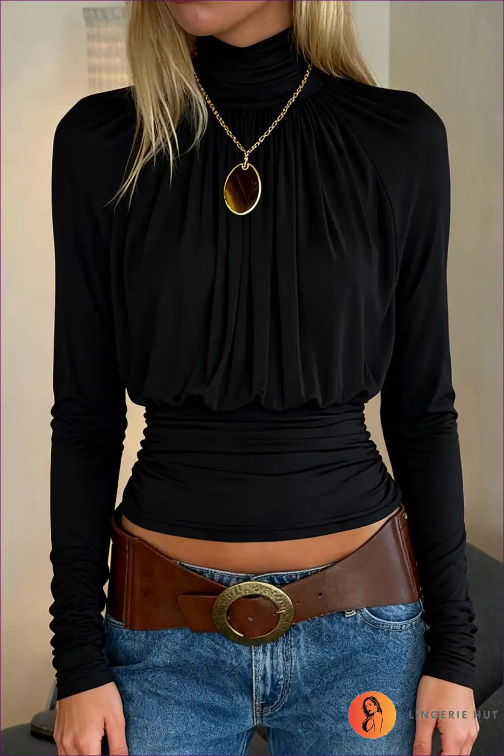 High Neck Ruched Long Sleeve Top - Effortless Chic for Autumn, Casual, Everyday, just In, Lace