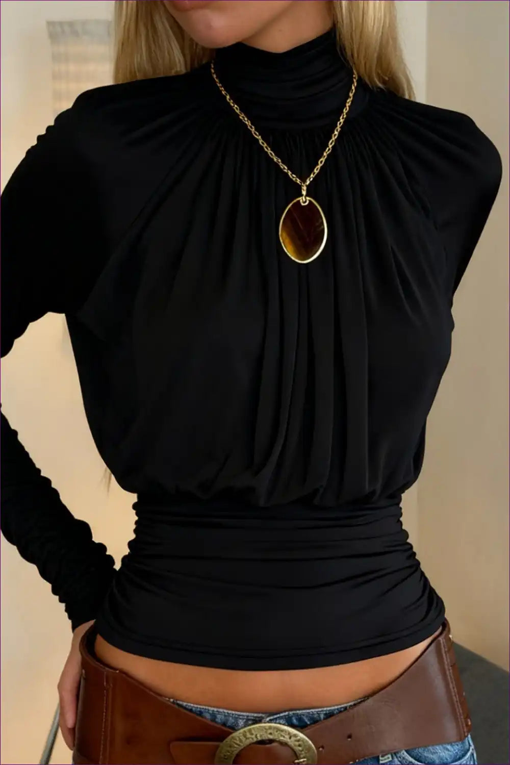 High Neck Ruched Long Sleeve Top - Effortless Chic for Autumn, Casual, Everyday, just In, Lace