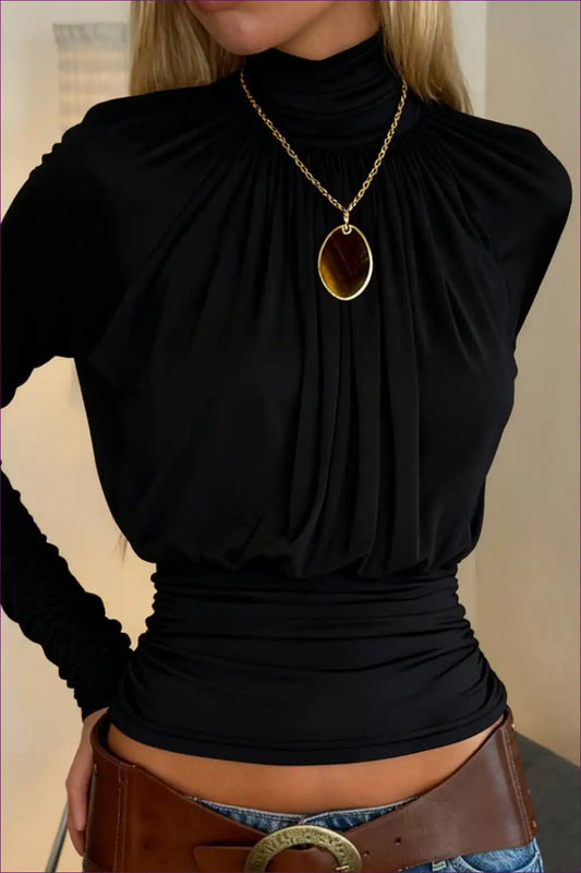 High Neck Ruched Long Sleeve Top - Effortless Chic for Autumn, Casual, Everyday, just In, Lace