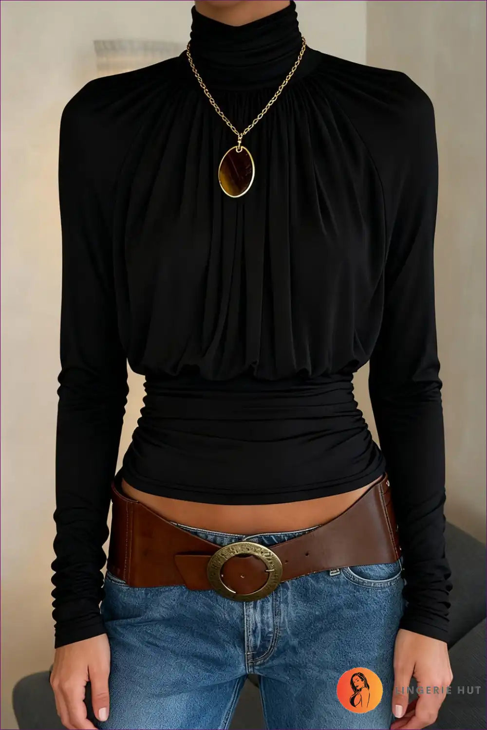 High Neck Ruched Long Sleeve Top - Effortless Chic for Autumn, Casual, Everyday, just In, Lace