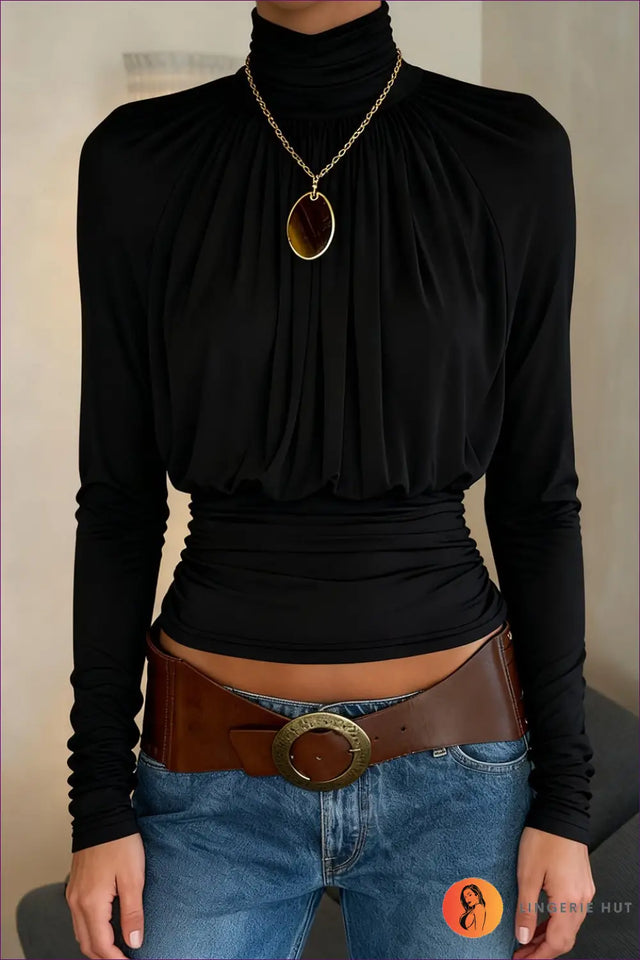 High Neck Ruched Long Sleeve Top - Effortless Chic