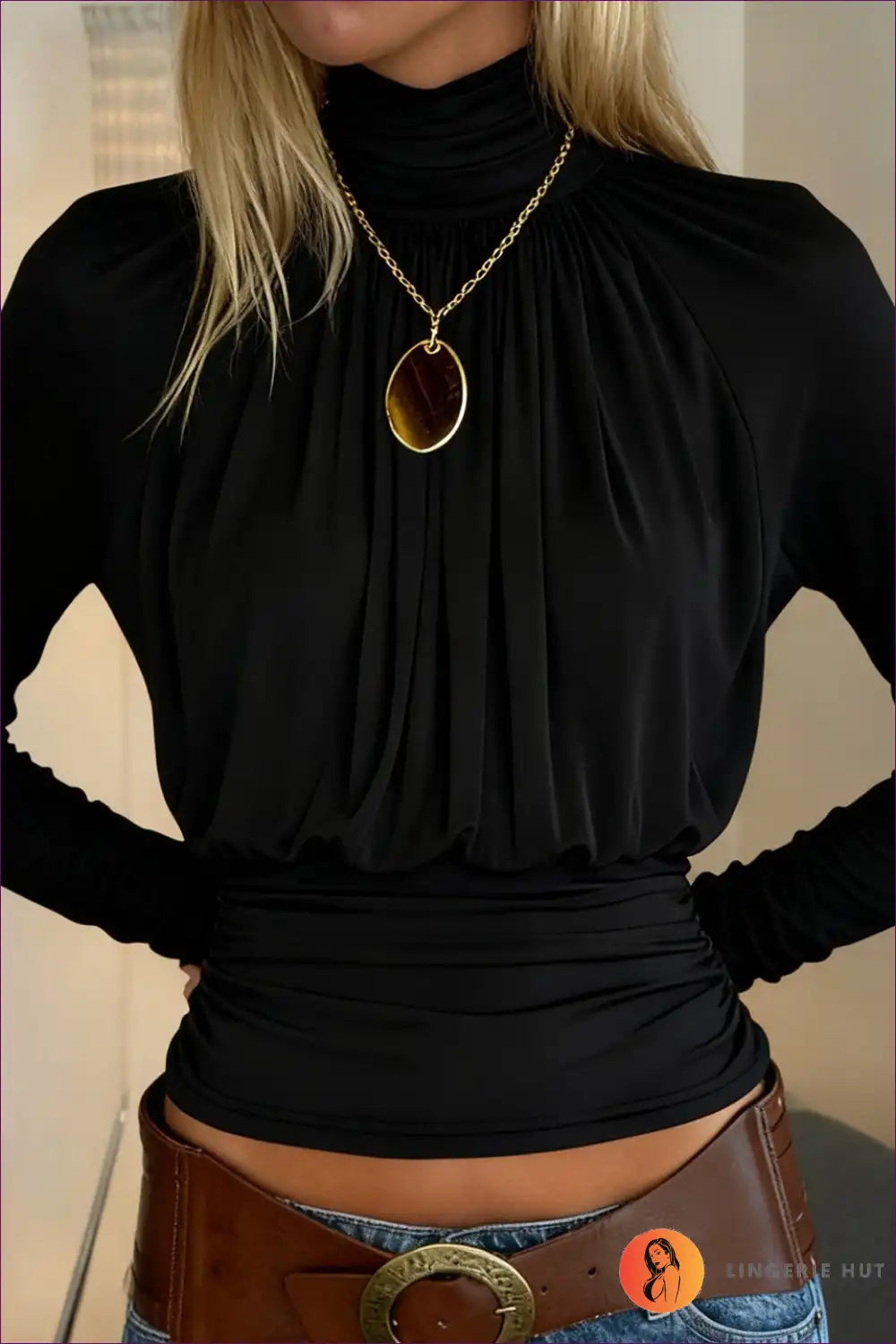 High Neck Ruched Long Sleeve Top - Effortless Chic for Autumn, Casual, Everyday, just In, Lace