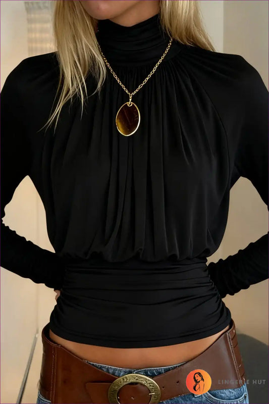 High Neck Ruched Long Sleeve Top - Effortless Chic for Autumn, Casual, Everyday, just In, Lace