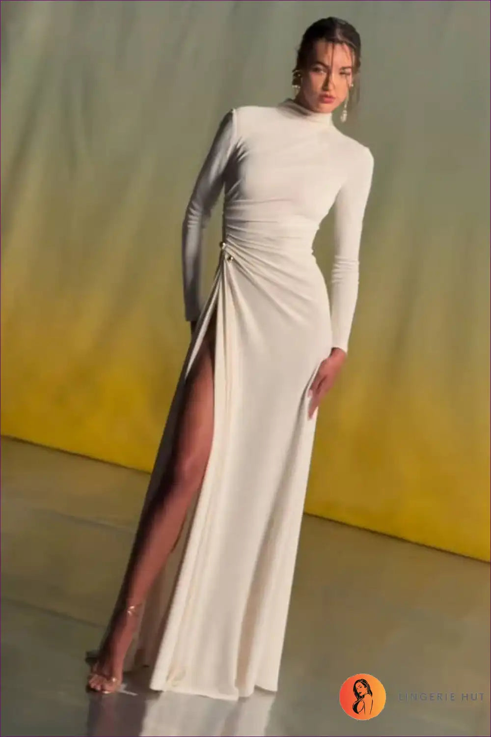 High Slit Maxi Dress with Metal Accent - Evening Drama for Dresses, Evening Wear, Formal Glamour,