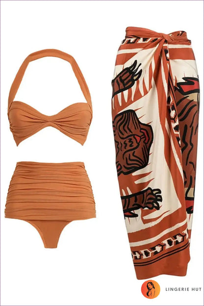 High Waist Asymmetric Bikini - Effortless Summer Escape - s / Brown Halter - Swimwear - Lingerie Hut - Beachwear • Boho