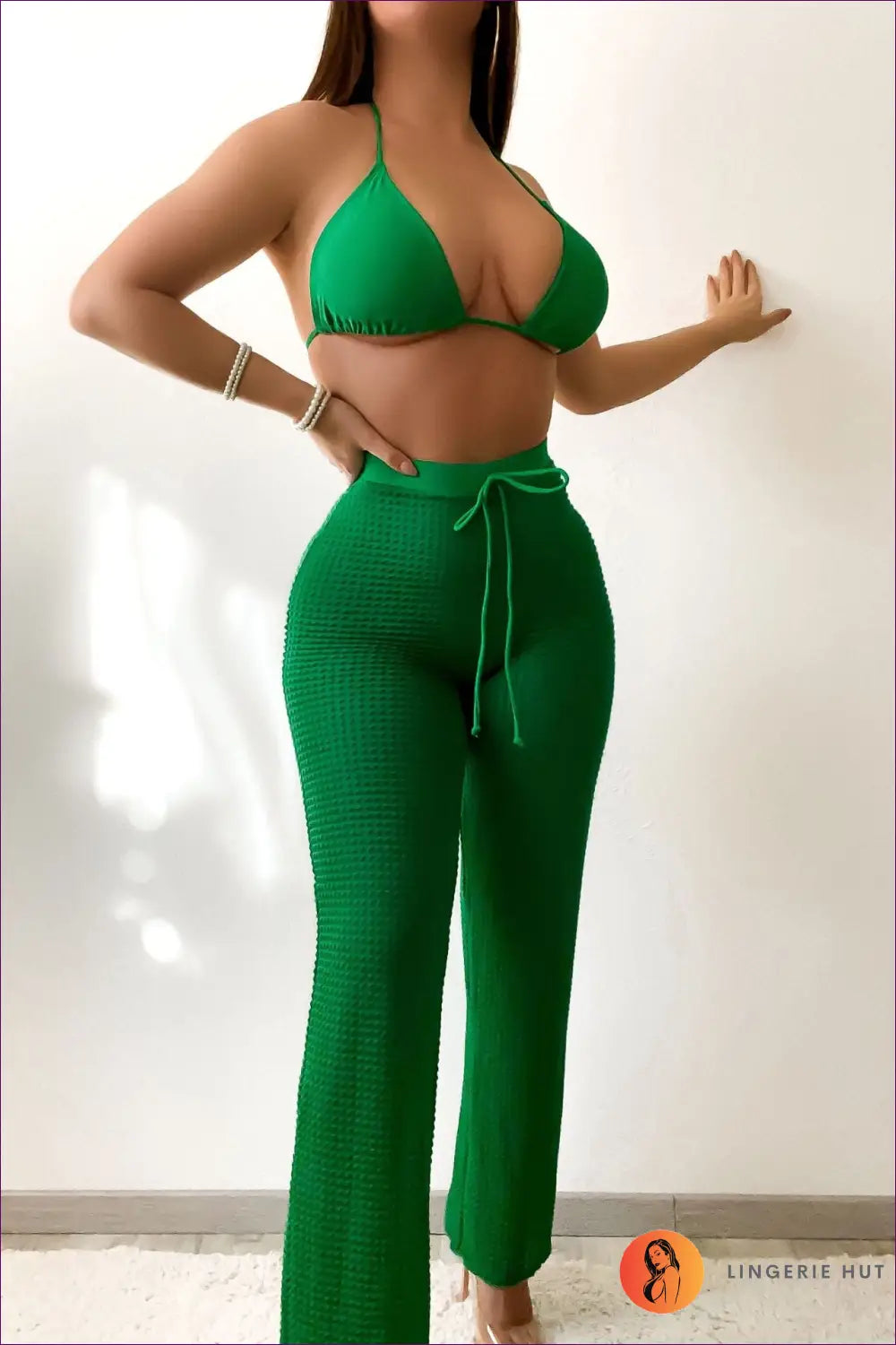 High Waist Bikini with Halter Ties - Effortless Summer Glow - s / Green - Outfit Sets - Lingerie Hut - Beachwear • Boho