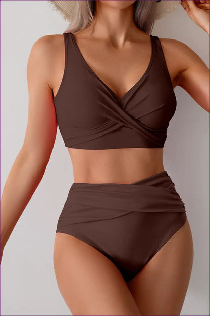 High Waist Bikini Set with Crossover Detail for Poolside Chic Beachwear, Bikini, Casual, co Ord, Crop