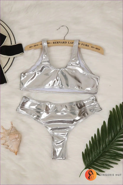 High Waist Bikini Set with Metallic Finish - Summer Evenings Sorted - s / Silver Split - Lingerie Hut - Beachwear