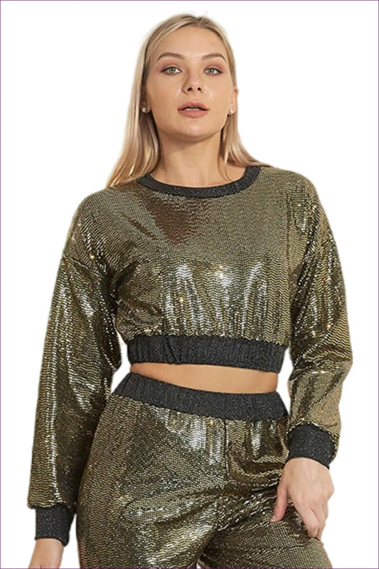 Get Ready To Turn Heads With Our High Waist Crop Sweatshirt & Glossy Track Bottoms! a Sexy, Sequined Duo