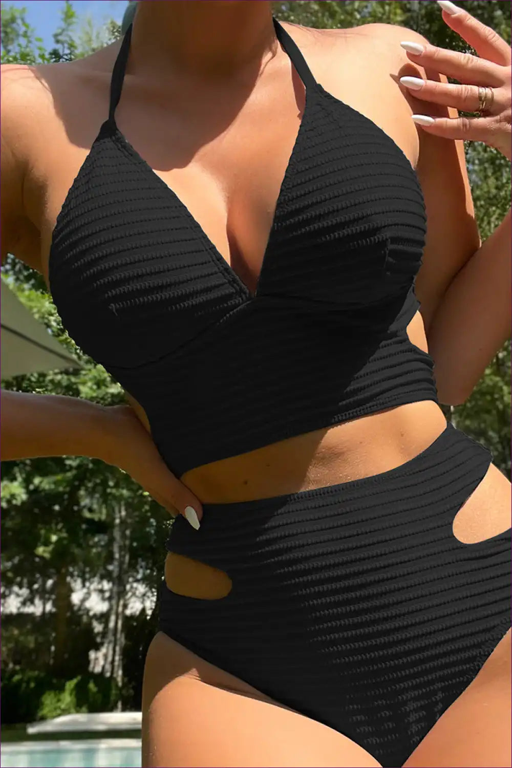 High Waist Cutout Bikini Set with Sculpted Halter Top for Beachwear, Bikini, Cutout, Everyday, Halter